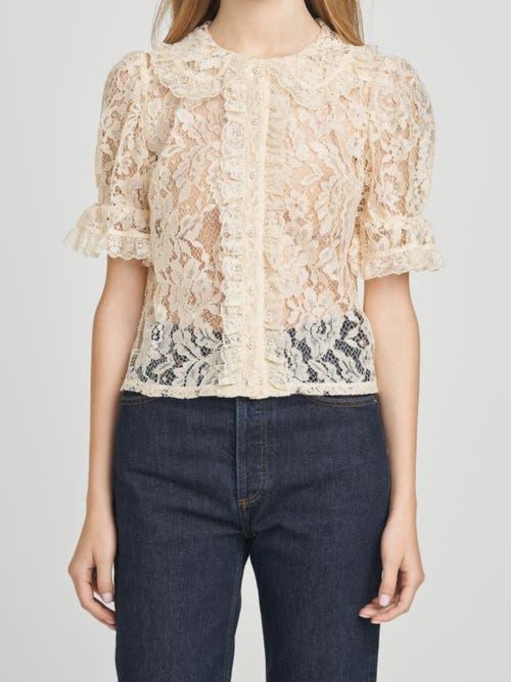 Wayf Cream Lace Ruffle Button Blouse
